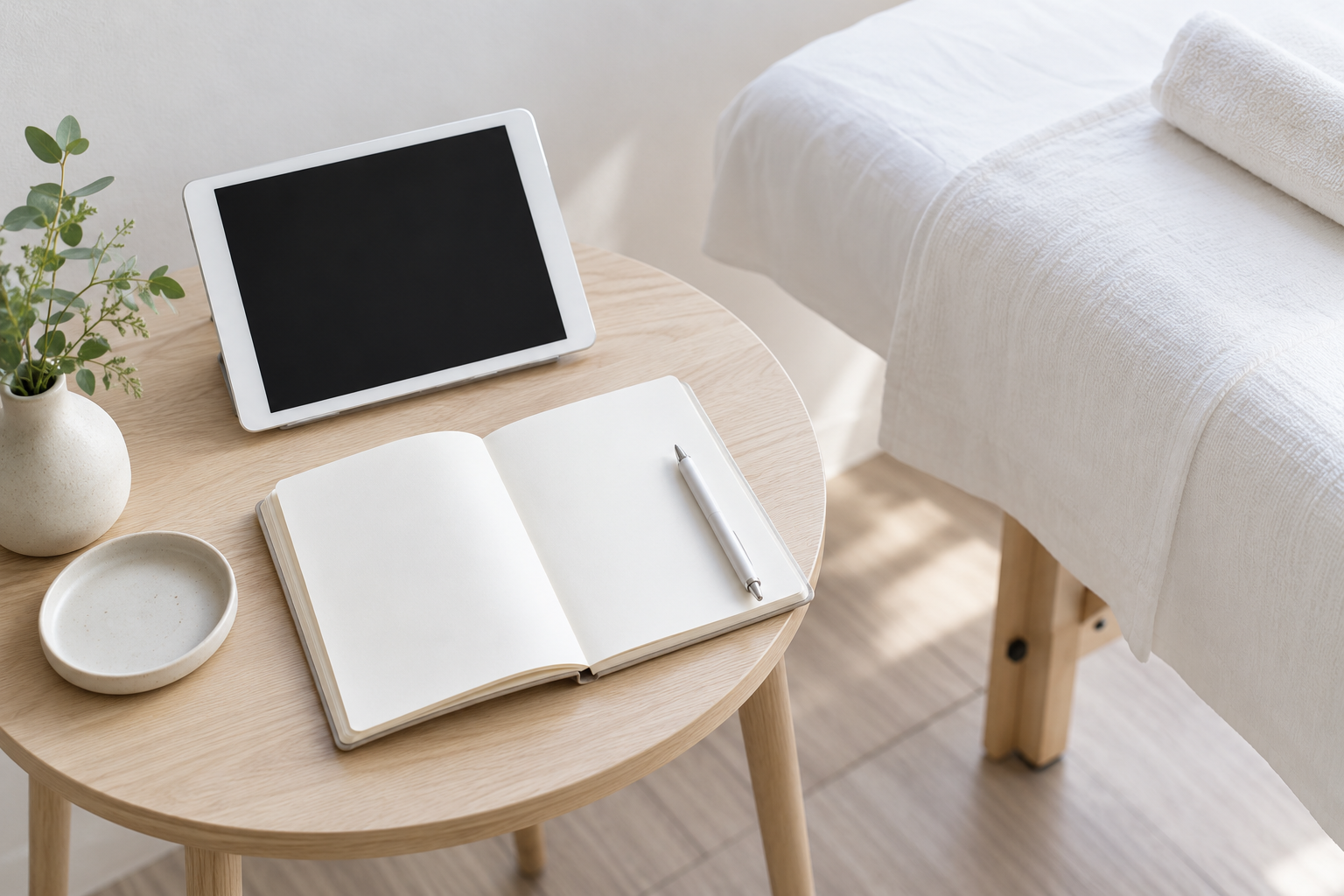 施術ベッドの脇に置かれたタブレットとノート