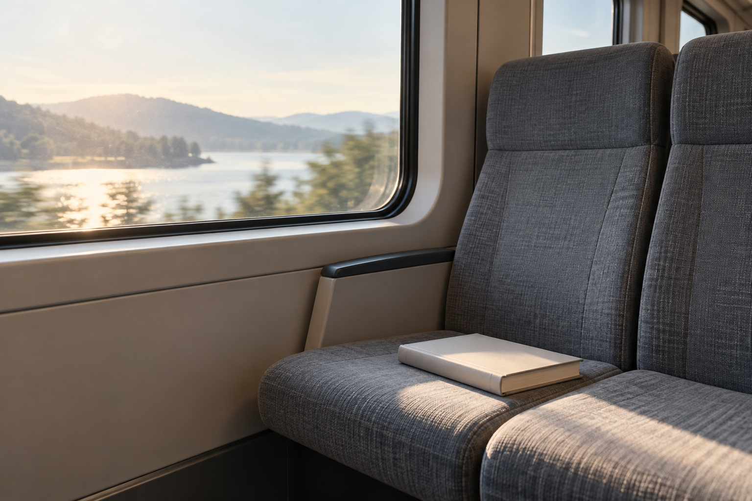 朝の光が差す電車の座席と文庫本